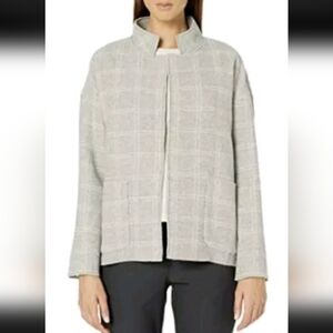 Eileen Fisher Heathered Check Wool-blend High-collar Blazer With Pockets Sz M